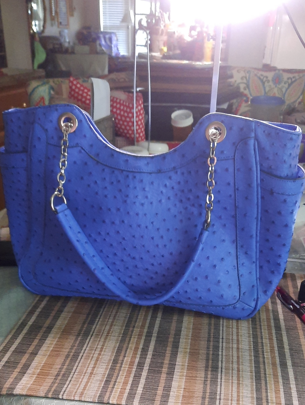 Spacious Ostrich Cobalt Blue Tote with Chain-Link Handles